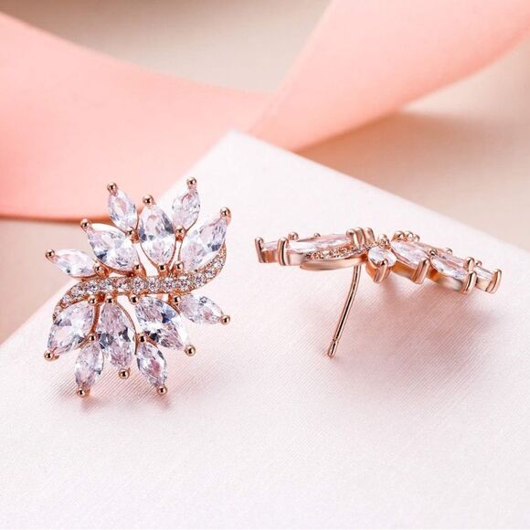 Rose Gold with White Diamond Cubic Zirconia Floral Leaf Post Back Stud Earrings - Picture 3 of 5